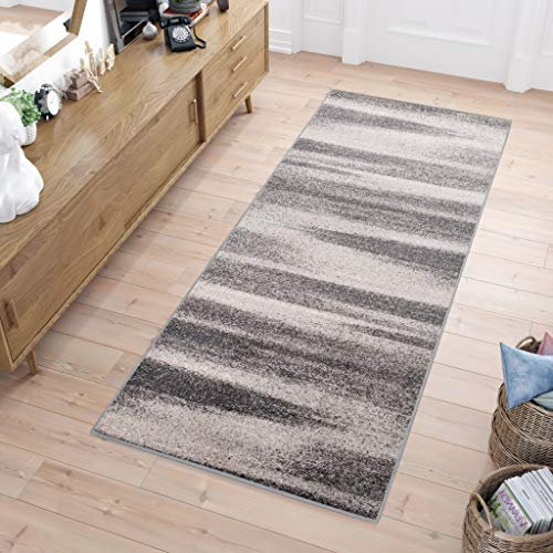 TAPISO Sari Teppich Läufer Flur Grau Taupe Kurzflor Streifen Verwischt Meterware Brücke nach Maß Küche Wohnzimmer Schlafzimmer ÖKOTEX 70 x 220 cm