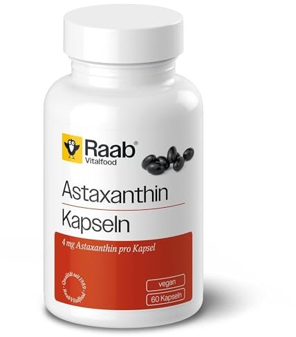 Raab Vitalfood® Astaxanthin Kapseln (60 Stück) - 4 mg Astaxanthin pro Kapsel, Astaxanthin-reiches Oleoresin aus der Alge Haematococcus pluvialis, nur 1 Kapsel pro Tag, Vegan, Glutenfrei, Laktosefrei