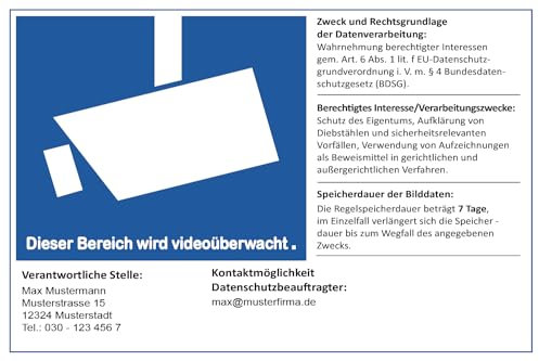 Videoüberwachung Kamera Hinweis nach DSGVO Datenschutz | DIREKT Hier Personalisieren | Schild für Betriebe, Produktion & Kliniken (Aluminium-Verbund, 300 x 200 x 3 mm)
