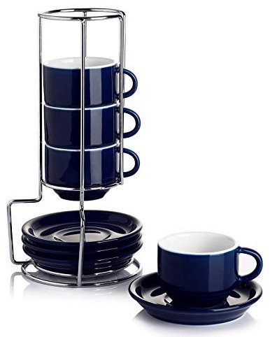 Sweese 405.103 Porcelain Stackable Espresso Cups with Saucers and Metal Stand - 4 Ounce - Set of 4, Navy