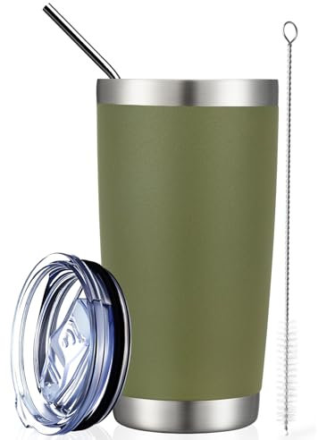 COMOOO 20oz Double Wall Vacuum Insulated Travel Mug, Stainless Steel Tumbler with Lid and Straw Durable Powder Coated Insulated Coffee Cup for Cold & Hot Drinks（Army Green, 1 Pack）