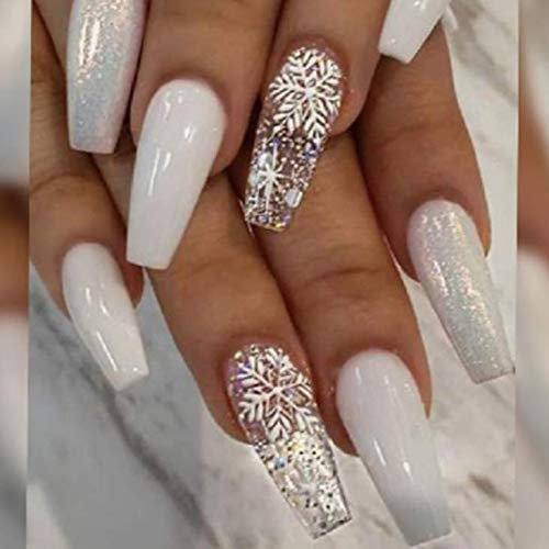 Brishow Faux Ongles de Noël Français Court Faux Ongles Neige Press on Nails Décorations de Noël Ballerine Acrylique Fake Nails 24pcs pour Femmes et Filles (b)