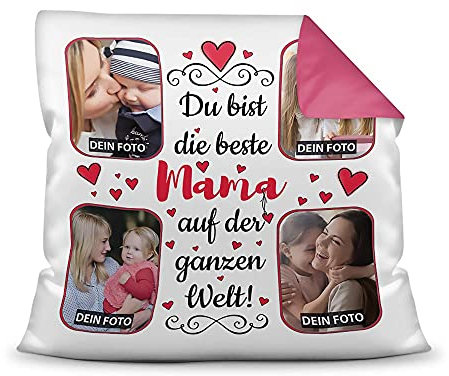 Kissen mit Füllung zum selbst Gestalten mit 4 Fotos - Für die Beste Mama - Hochwertige Kissenhülle mit Reißverschluss, Rückseite Pink, 40 x 40 cm
