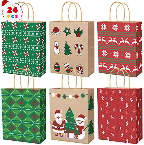 24 Stk Geschenktüten Weihnachten, Weihnachtstüten 27 x 21 x 11 cm, Papiertüten Braun, Kraftpapier Tüten, Geschenktaschen mit Henkel, Geschenktaschen Weihnachten Mittel.