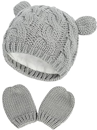 Baby Winter Mütze Handschuhe Set – Warme gestrickte Mütze und Handschuhe für 3-6 Monate alte Mädchen und Jungen (Grau)