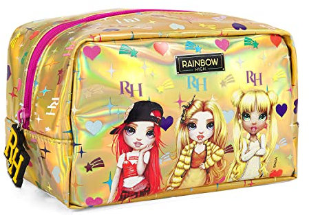 Rainbow High Kosmetiktasche für Kleine Mädchen - Holografische Gold Kulturbeutel für Kinder - Reise Handtasche Organizer mit Ruby Poppy Sunny - Waschbeutel Regenbogen Puppen - 11x18x10 cm - Perletti