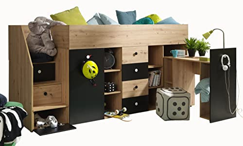 MEBLE KRYSPOL SMART 3 Hochbett für Kinder, Jugendliche mit Stauraum - Etagenbett mit Schreibtisch, Kleiderschrank, Regalen, Treppe - 248,5x93x123 cm - Eiche Handwerker, Schwarz mat, Weiß + Schwarz