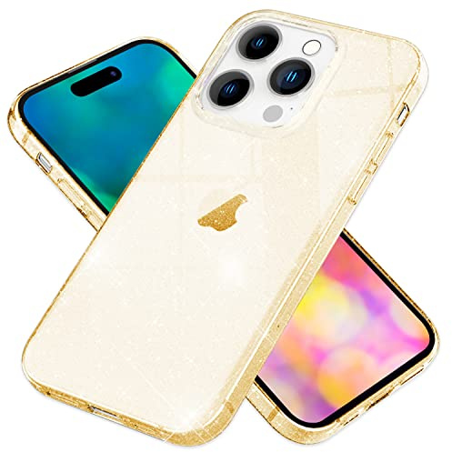 NALIA Glitzerhülle für iPhone 14 Pro - Hülle, Gold | Reflektierende Partikel im Material verschmolzen, Geschmeidige Oberfläche, Erhöhte Kanten an Kamera und Display