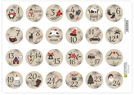 24x Aufkleber Adventskalender Zahlen - Sticker für Kalender für Weihnachten - zum Basteln -Adventskalenderzahlen Etiketten selbstklebend - Zahlenaufkleber