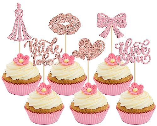 24Pcs Bride to Be Cupcake Toppers Glitter Bow Tie Lip Princess Love You Bridal Shower Cupcake Picks for Wedding Engagement Bachelorette Cake Decorations Supplies Pink