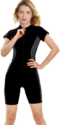 BEACHKINI Women's Short Sleeve Swimwear Two Pieces Swimsuit Rash Guard Surfwear,Black Grey,XXL