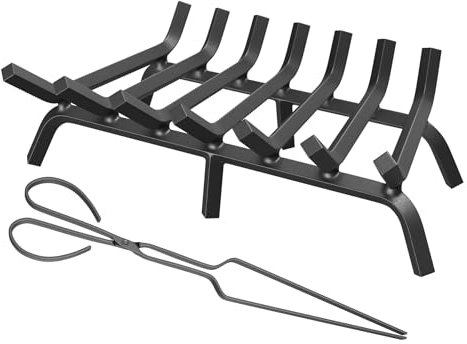 MESTYL Rejilla de chimenea de hierro forjado resistente de 30 pulgadas, rejillas de fuego de barra de 3/4 pulgadas con pinzas de leña, estante de combustión de leña para estufa de leña al aire libre y