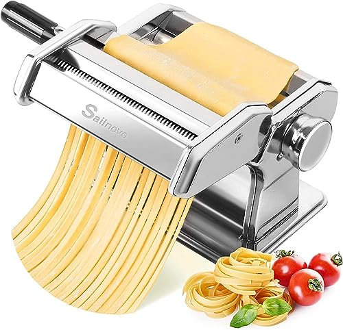 Nudelmaschine Sailnovo Manuelle Pastamaschine mit 7 Einstellbare Dicke, 2 In 1 Nudelschneider und Klemme für Frisch Spaghetti Nudeln Lasagne, Nudelmaschine Edelstahl Pasta Maker Machine Geschenk Set
