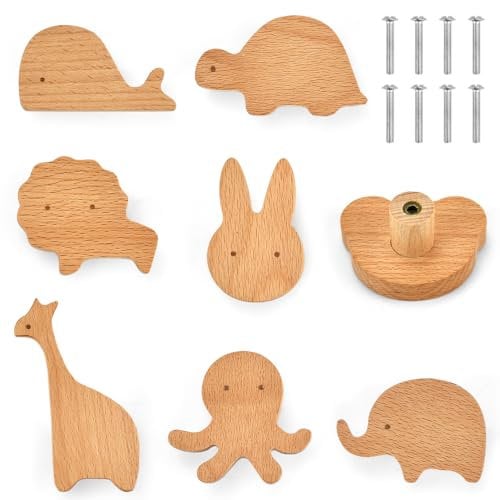 SLTAXAR 8 PCS Boutons en Bois Massif pour Tiroirs, Portes d'Armoire et Meubles - Poignées avec Vis pour Placards (8 Styles)