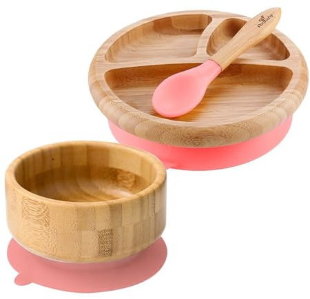 HYGRAD Baby Weaning Feeding Set 3Pc Bamboo Suction Bowl, Plate & Spoon Set Non Toxic Eco-Friendly (Pink)