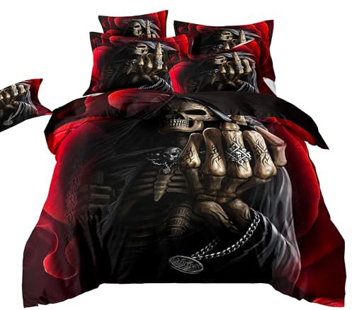 ZZTBQ Gotisch Totenkopf Skull Bettwäsche Set 155x220 Kinder Bettwäsche Set Schwarz Rot Totenkopf Schädel Bettbezug und Kissenbezug für Kinder Jungen Mädchen Jugend Schlafzimmer
