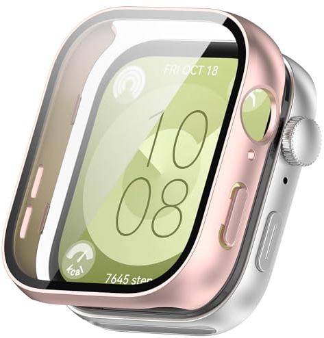 Funda para Huawei Watch Fit 3 Cristal Templado Funda, PC Duro Ultrafino Cristal Protección Case Protector de Pantalla para Huawei Watch Fit 3 Mate Carcasa (Rosa)