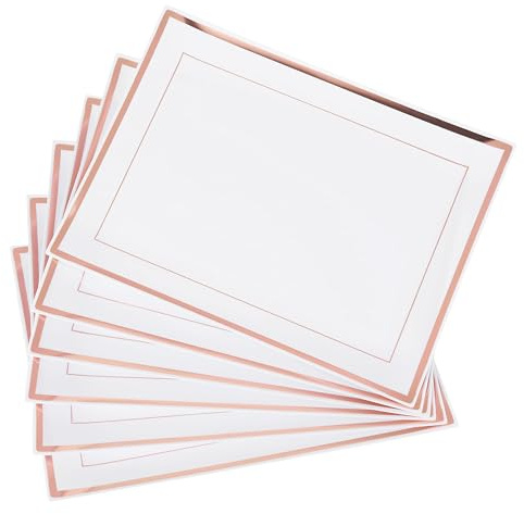 MATANA 24 White Plastic Serving Platters with Rose Gold Border, Food Party Trays - 30x23cm - Buffets, Weddings, Birthdays, Christmas, Parties - Elegant, Sturdy & Reusable