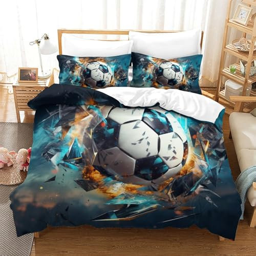 GZCVBDYUY 3D Fußball 3D Gedruckt Bettwäsche Set 3 Teilig Bettbezug Mit Kissenbezügen Soft Microfaser Luxus Modern Mit Reißverschluss Für Erwachsene Und Kinder Super King(260x220cm)