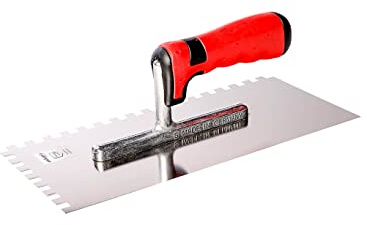 ASKON Zahnglättekelle - Traufel - Glättescheibe - Glättekelle rostfrei, mit verstellbarem 2K–Softgriff, Zahnkelle mit Aluminiumstütze, Blattstärke 0,7 mm, 2-seitig gezahnt (4 x 4 mm)