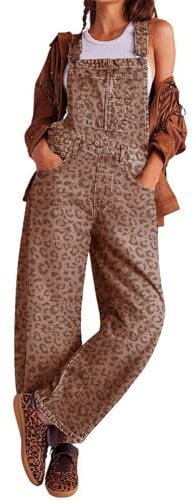 CHARTOU Casual Denim Overalls for Women Y2k Loose Wide Leg Denim Pants Mid Rise Boyfriend Harem Pants, leopard, M