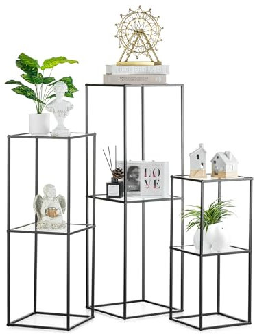 NUPTIO Plant Stand Black for Indoor: 3 Pcs 60 & 80 & 100cm Metal Flower Vases Holders with 2 Tier Acrylic Panel for Home Decorations - Geometric Centrepieces for Weddings