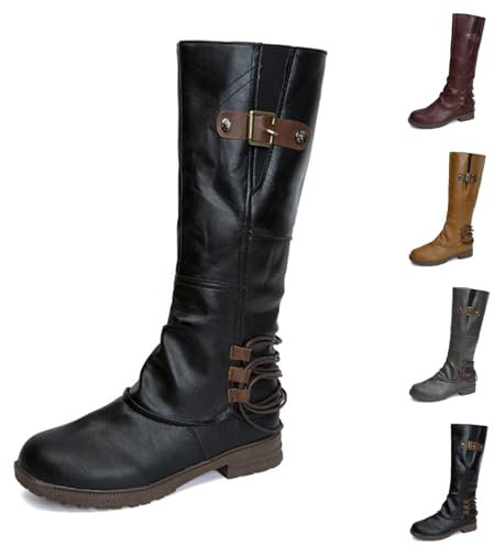 Stivali alti al ginocchio da donna con tacco laterale con cerniera laterale, stivali da donna in pelle vintage, stivali invernali caldi in lana ispessita, stivali da neve da donna piatti con tacco