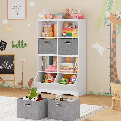 HOCSOK Kid‘s Toy Storage Unit, Children's Toy Box Organiser with 8 Shelves and 2 Fabric Drawers, Large Bookshelf Rack Cabinet for Nursery, Kindergarten, Playroom, White, 116 x 67 x 40 cm