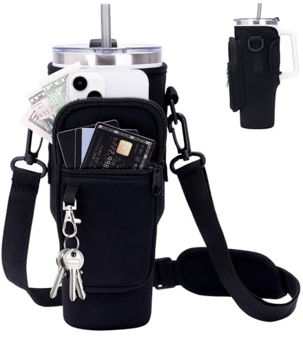 Toptime Water Bottle Carrier Bag with Phone Pocket for Stanley Cup 40 oz, Water Bottle Holder with Adjustable Shoulder Strap, Neoprene Stanley Cup Accessories for Hiking Travelling Camping (Black)