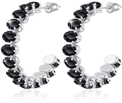 Linawe Ohrhänger Silber Creolen Schwarz Damen, Ohrringe Silber Hängend Groß Ohrhänger, Ohringe Edelstahl damen Modeschmuck Ohrringe mit Stein