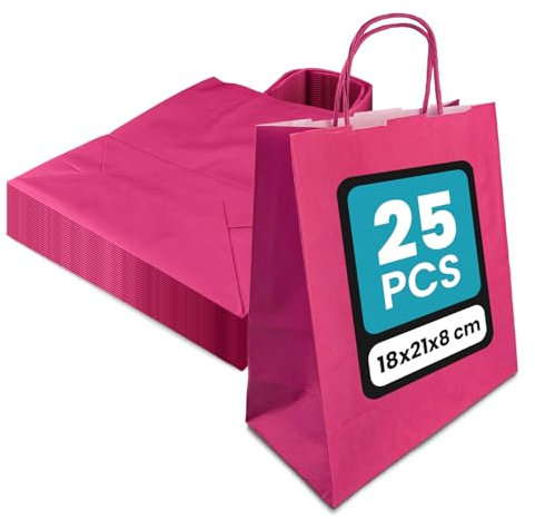 Netuno 25 Papiertaschen mit Henkel Rosa 18 x 21 x 8 cm farbige Papiertüten Kraftpapier mit Griffen Geschenktüten Kraft Papierbeutel Papiertragetaschen Öko Kraftpapiertaschen Tragetaschen paper bags