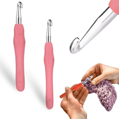COYUN 2 Stück Häkelnadeln, 7,0 mm, 8,0 mm Häkelnadeln, Stricknadeln mit ergonomischem Griff, Bunt TPR Griff Häkelnadel für Anfänger und Häkelgarn(Zufällige Farbe)