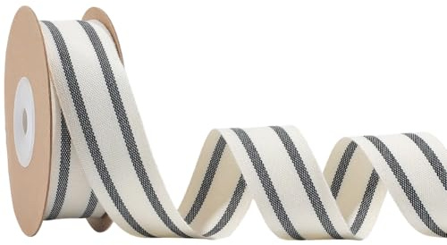 GORGECRAFT Nastro in Grosgrain A Righe in Cotone, 10 iarda X 25mm, Tessuto Naturale Bianco e Nero, Fettuccia Bifacciale, Decorazione Floreale per Artigianato Fai da Te, Festa di Compleanno, Natale