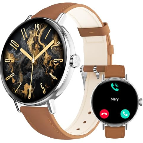 Smart Watch for Men Womem Answer/Make Call,1.27HD Dynamic Dial Fitness Watch with Heart Rate/Sleep/SpO2, Leather Ladies Smartwatch for iPhone/Samsung/Android,IP68 Waterproof,110+ Sport Mode-Black