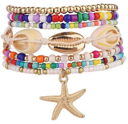 Mikovivi 7 Stück Sommer Strandarmbänder, Seestern Muschel Farbenes Perlen Surfer Armband Set Böhmischer Küstenschmuck für Frauen Urlaubs und Strand Accessoires