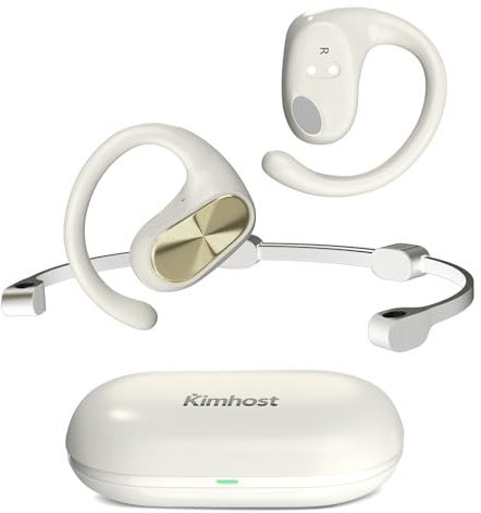 Open Ear Earbuds with ENC Mic, Wireless Open Ear Headphones 55H Playtime Deep Bass IPX55 Waterproof Clear Call Air Bone Conduction Earphones Secure Fit Ear Hooks for Running, Gym, Office- White