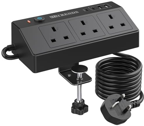 HITRENDS Desk Power Socket with USB C PD20W, Power Strip 3 Sockets with 4 USB Extension Lead 2M with Surge Protection with Removable Clamp Multi Plug Extender for Home Office (Black)