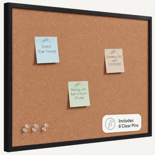 Cork Board 44CM x 33CM Pin Board Notice Office Memo School with Clear Push Pins Black Coloured Wooden Frame Board