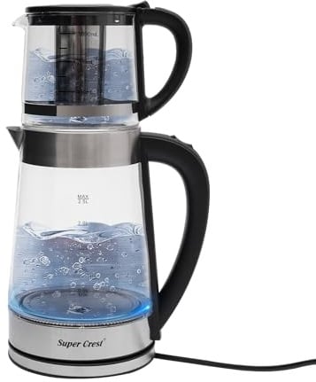 1500W Teekocher Elektrisch, 2 in 1 Teemaschine mit Kalkfilter, Turkisch Tee Kanne, 2.5 L Großen Wasserkochers + 1 L kleinen Teekanne, Sicherheitsglas, Teemaschine