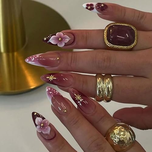 TESGADGETS 24 Stück Lange mandelförmige künstliche Fingernägel mit French-Mandel-Form 3D-Blumen-Optik Acryl-Nagelspitzen zum Aufkleben für Damen