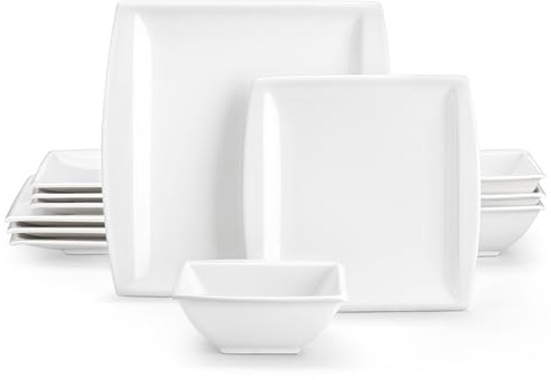 MALACASA Service de table 12 pièces en porcelaine, série Blance, pour 4 à 12 personnes, moderne, passe au lave-vaisselle, avec assiettes plates, assiettes à dessert et bols
