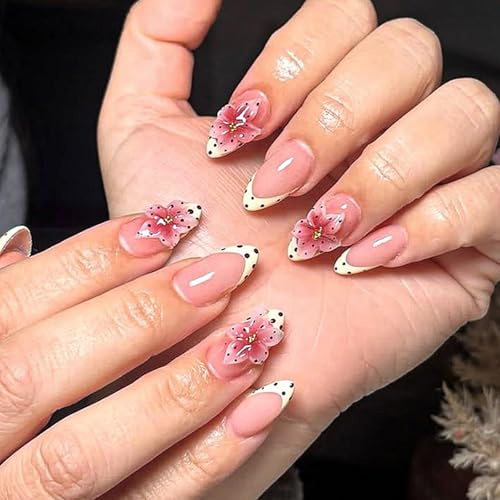 Medium Almond Press On Nails with 3D Translucent Pink Floral Charms & Polka Dot French Tips - Reusable Handmade Acrylic False Nails Set, DIY Manicure Kit with Tabs & Tools