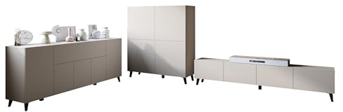 Mirjan24 Wohnzimmer-Set Parsea I, 3-teilig mit Kommode, TV-Lowboard und Highboard, Wohnwand mit viel Stauraum, griffloses Design, modernes Wohnzimmermöbel (Cashmerebeige)