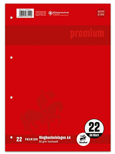 Staufen Premium Ringbucheinlagen - DIN A4, Lineatur 22 (5mm kariert), 50 Blatt, 4-fach Lochung, 90g/m² Premium Papier, 1 Stück