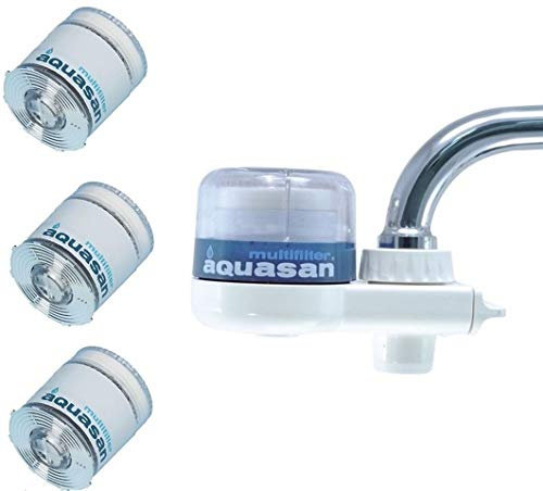 Aquasan Aquacompact + 3 Cartucce Ricambio Filtro Rubinetto Depuratore Microfiltrazione Filtraggio Acqua Potabile Sistema Filtrante MultiStadio per Rubinetto Rimuove Batteri Gusto Odore Indesiderati