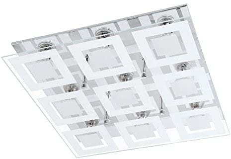 EGLO LED Deckenleuchte Almana, 9-flammige Deckenlampe, Wohnzimmerlampe aus Metall in Chrom und satiniertem Glas, warmweiß, GU10, 47x47 cm