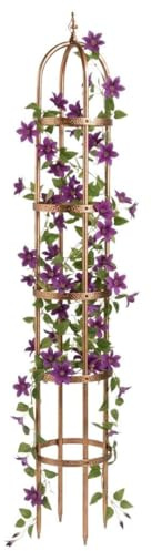 Plow & Hearth Metal Garden Plant Obelisk | Indoor & Outdoor Safe | Powder-Coated Steel Cast Iron Finial | Trellis for Climbing Planters | Stamped Floral Pattern | 14 Dia. x 8'H (Antique Copper)