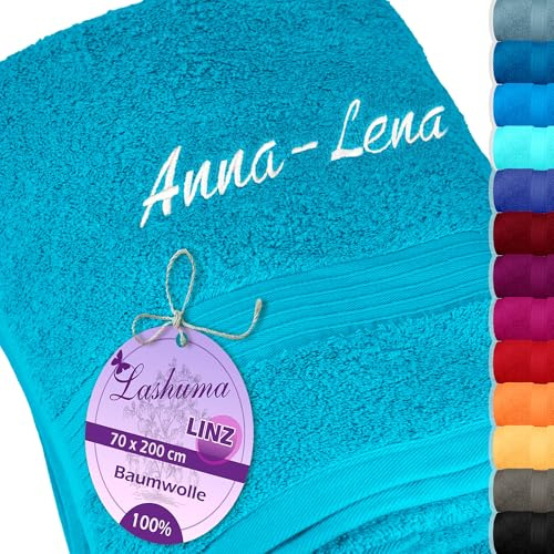 Lashuma Linz Saunahandtuch Bestickt mit Namen, Handtuch Blau - Aquamarin, Größe: 70x200