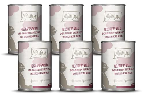 MjAMjAM - Premium Nassfutter für Katzen - herzhaftes Wild & Kaninchen an fruchtigen Heidelbeeren, 6er Pack (6 x 400 g), getreidefrei mit extra viel Fleisch