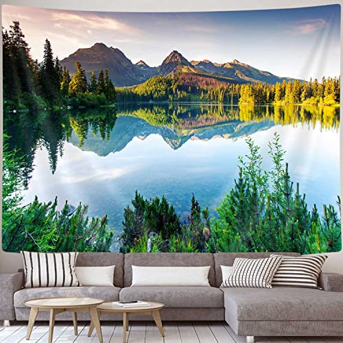 JAWO See Mountain Scenery Tapisserie Wandbehang, Natur Wald Pflanze Bäume Bilder Kunst Wandteppiche Decke für Schlafzimmer Wohnzimmer Wohnheim Dekor 152 x 101 cm
